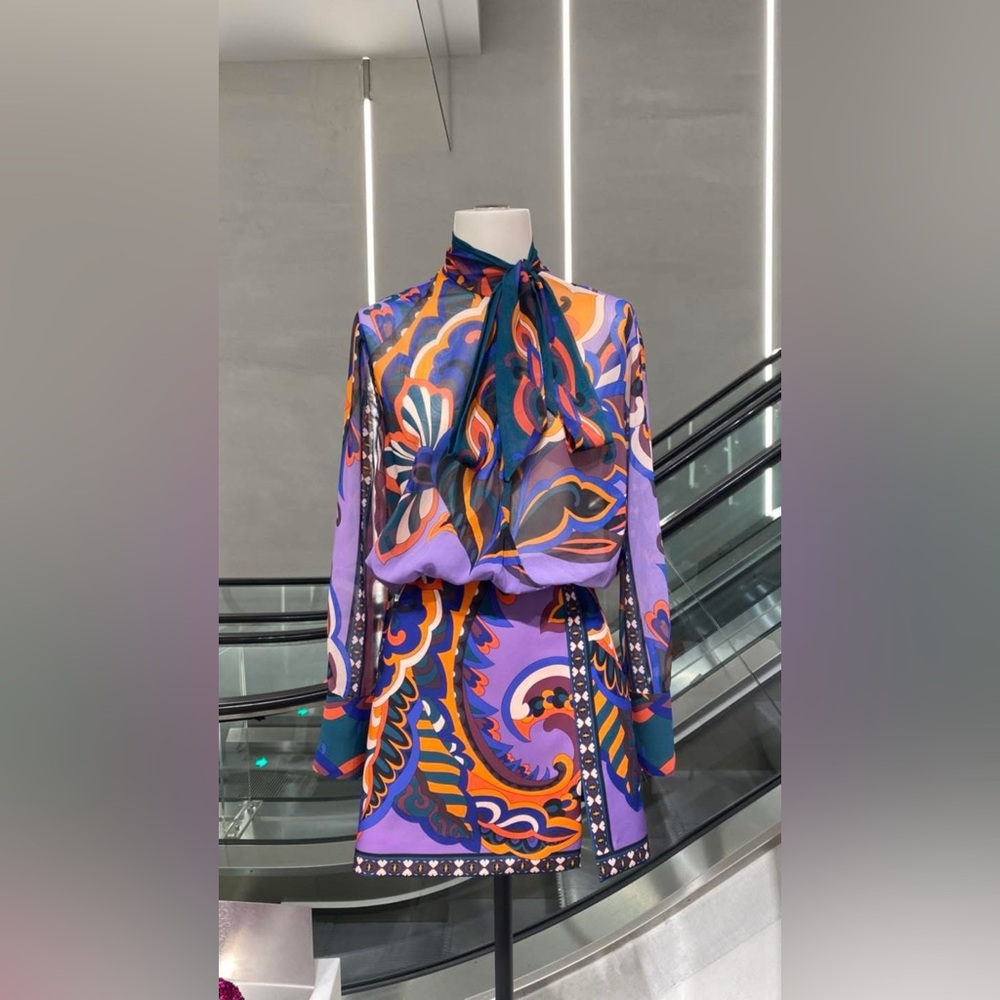 tie neck purple print Zara dress